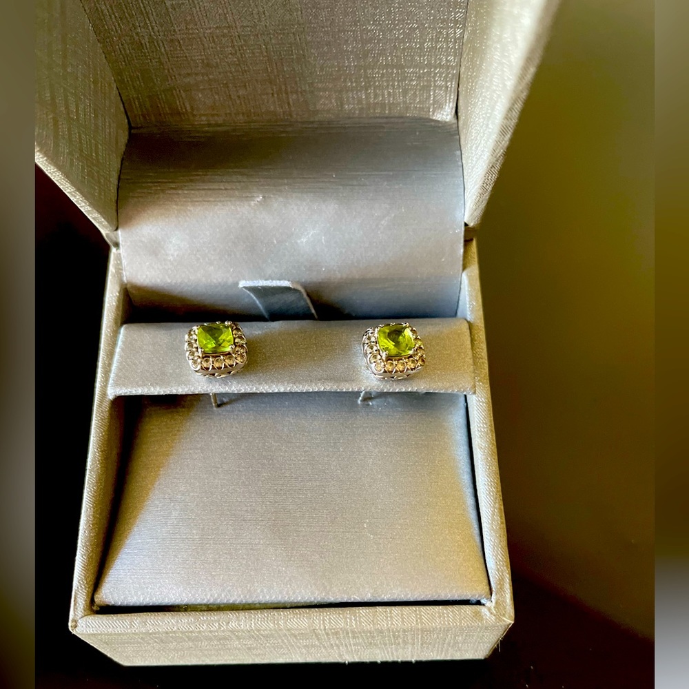 Peridot Silver Square Diamond Accent Earrings